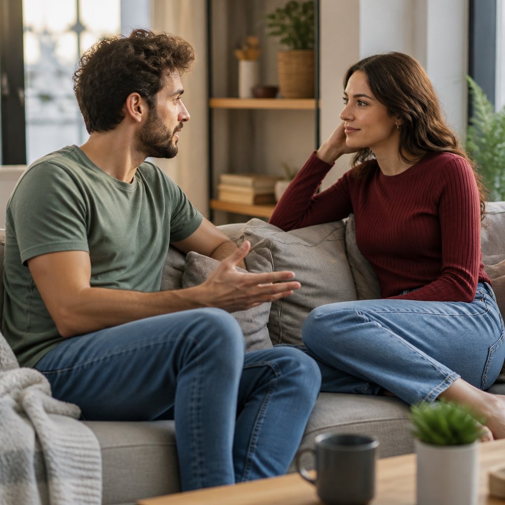 A couple has a calm, attentive conversation in a warmly lit living room while sitting together on a sofa.