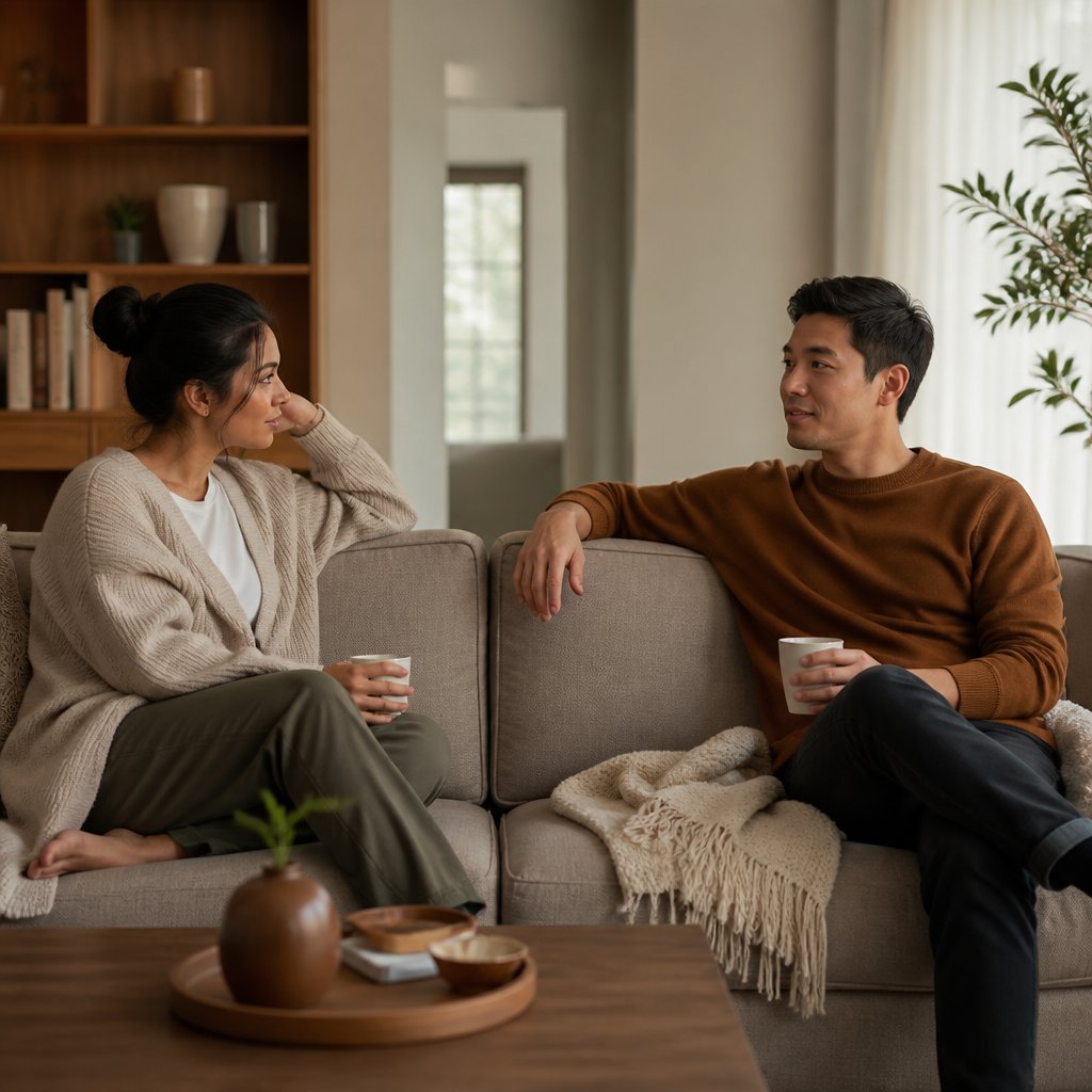 Two partners sit with comfortable space between them, calmly talking in a warm, peaceful home.