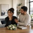 A couple stands together in a bright apartment, appearing committed while one partner remains emotionally guarded.