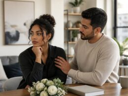 A couple stands together in a bright apartment, appearing committed while one partner remains emotionally guarded.