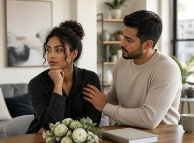 A couple stands together in a bright apartment, appearing committed while one partner remains emotionally guarded.