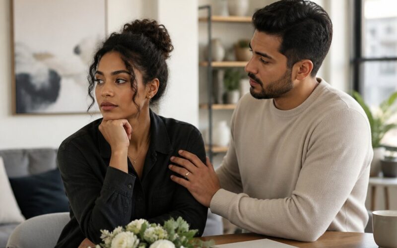 A couple stands together in a bright apartment, appearing committed while one partner remains emotionally guarded.