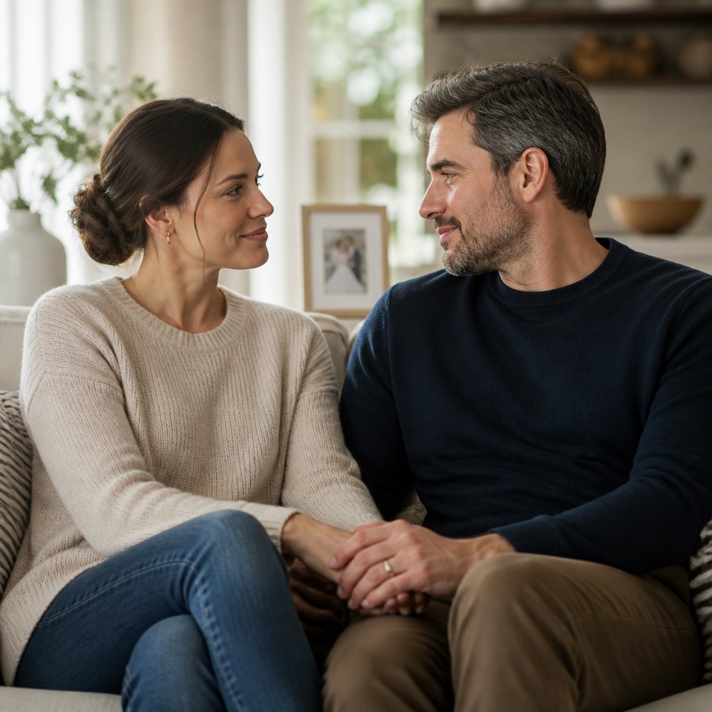 A couple sits together on a sofa, holding hands and sharing a calm, trusting look.