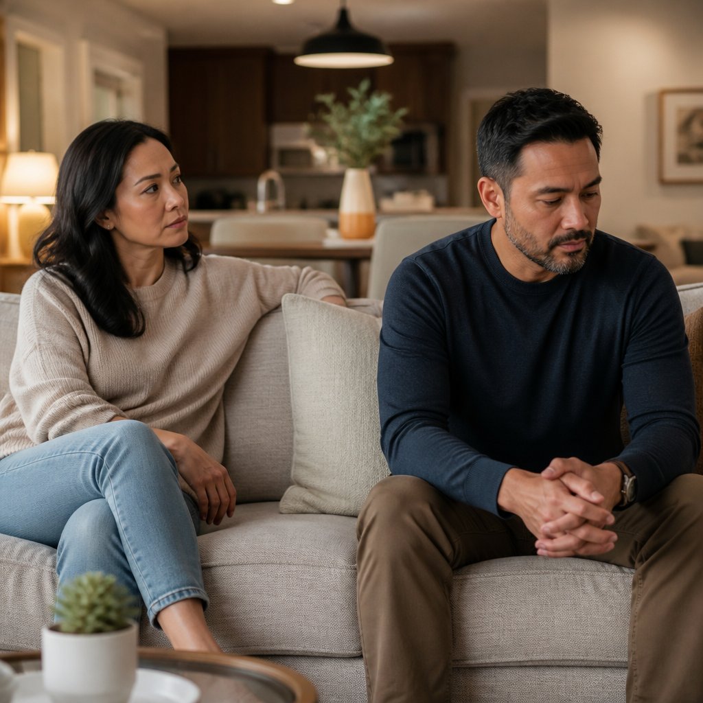 A married couple sits together on a sofa while maintaining noticeable emotional distance.