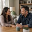 A married couple sits together at home, sharing a calm and thoughtful conversation.