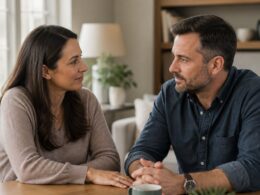 A married couple sits together at home, sharing a calm and thoughtful conversation.