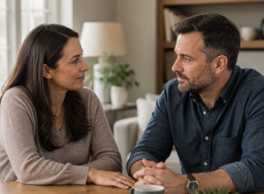 A married couple sits together at home, sharing a calm and thoughtful conversation.