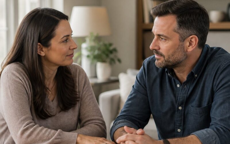A married couple sits together at home, sharing a calm and thoughtful conversation.