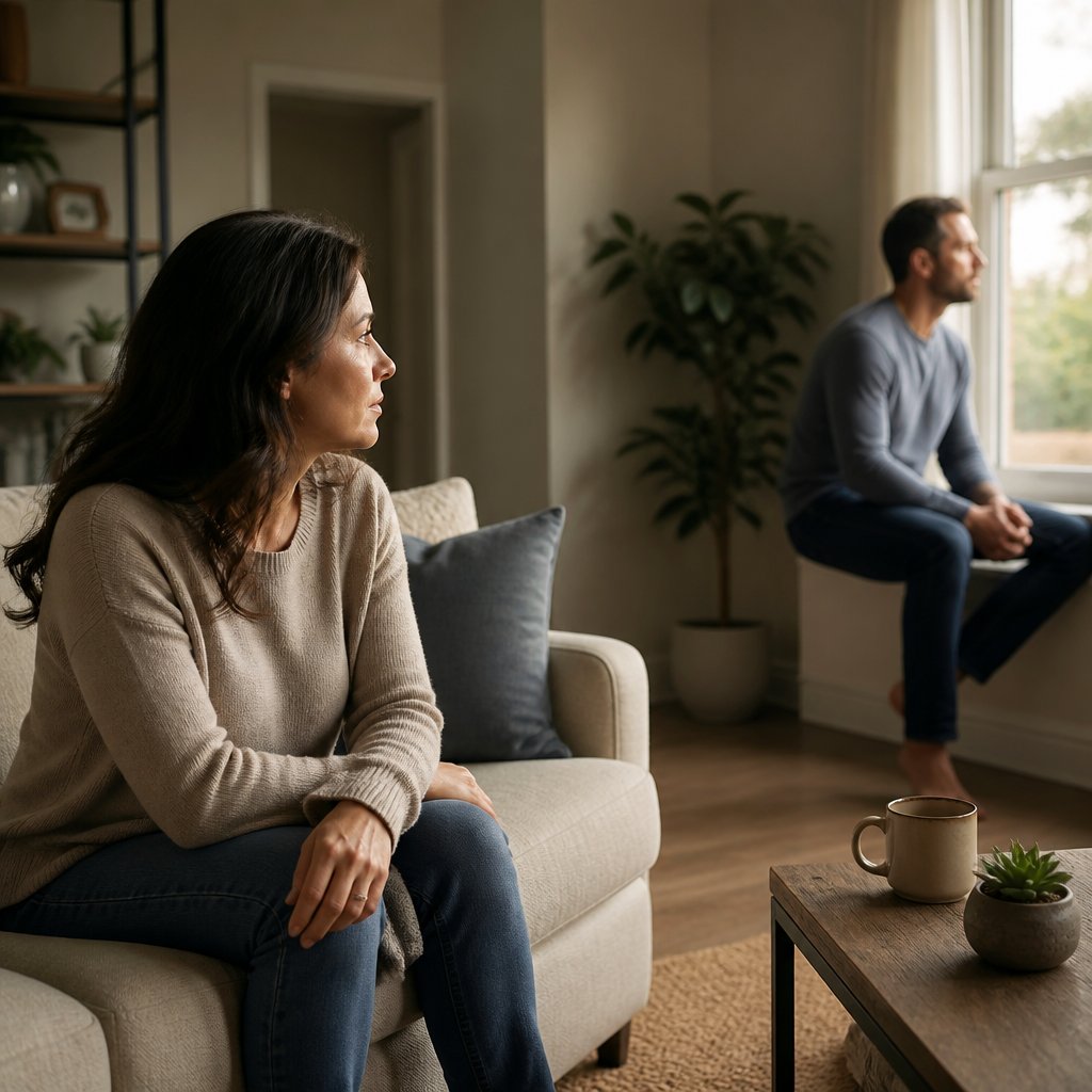 A married couple sits apart in a living room, appearing thoughtful and emotionally distant.