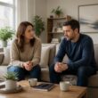 A couple sits together in a warmly lit living room, with the husband appearing reserved and the wife appearing thoughtful and concerned.