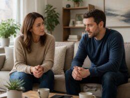 A couple sits together in a warmly lit living room, with the husband appearing reserved and the wife appearing thoughtful and concerned.