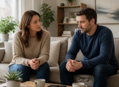 A couple sits together in a warmly lit living room, with the husband appearing reserved and the wife appearing thoughtful and concerned.
