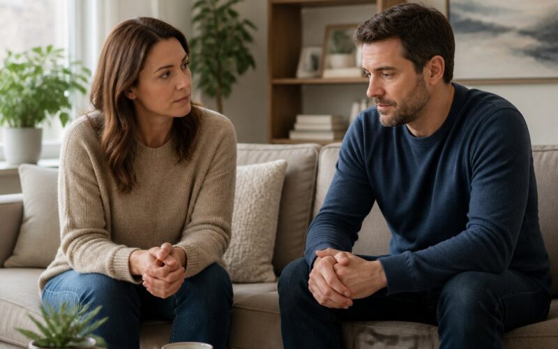 A couple sits together in a warmly lit living room, with the husband appearing reserved and the wife appearing thoughtful and concerned.