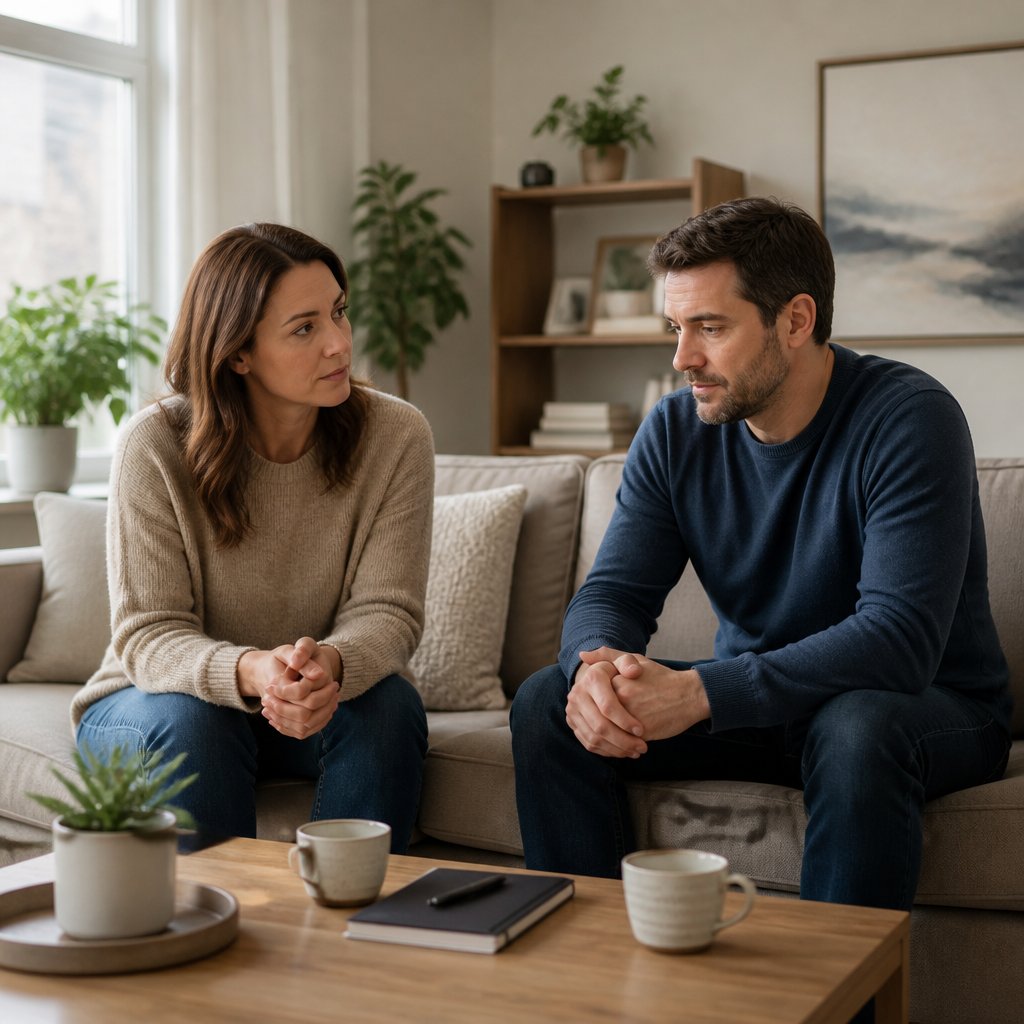 A couple sits together in a warmly lit living room, with the husband appearing reserved and the wife appearing thoughtful and concerned.