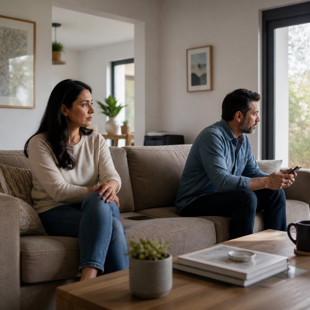 A couple sits apart in their living room, with one partner looking thoughtful and the other turned away toward a phone or window.