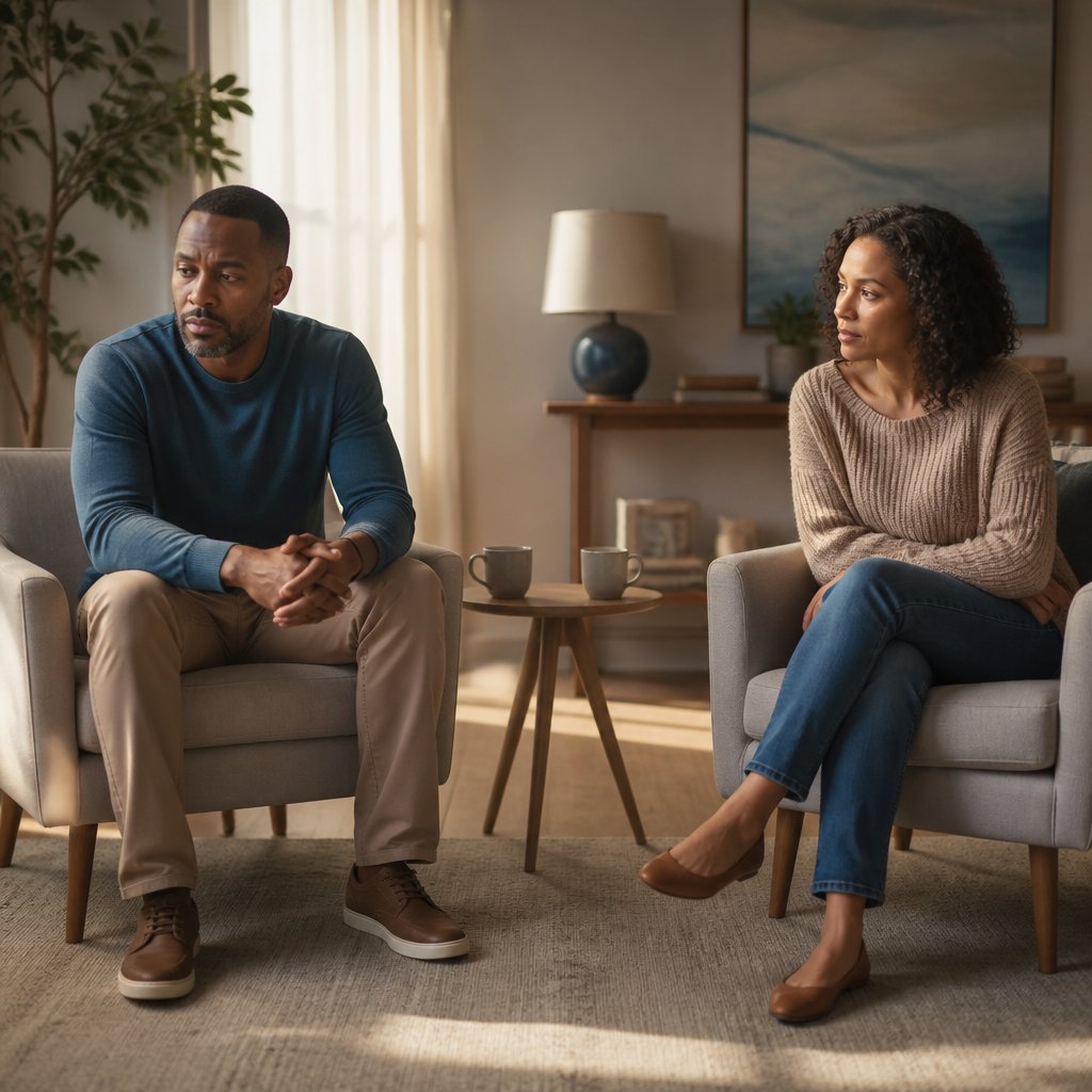 A married couple sits apart in a softly lit living room, showing emotional distance while remaining connected.