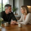 A married couple sits together at a table having a calm, thoughtful conversation.