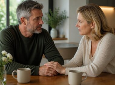 A married couple sits together at a table having a calm, thoughtful conversation.