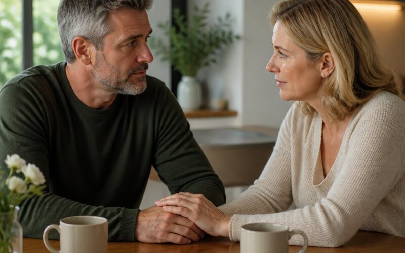 A married couple sits together at a table having a calm, thoughtful conversation.