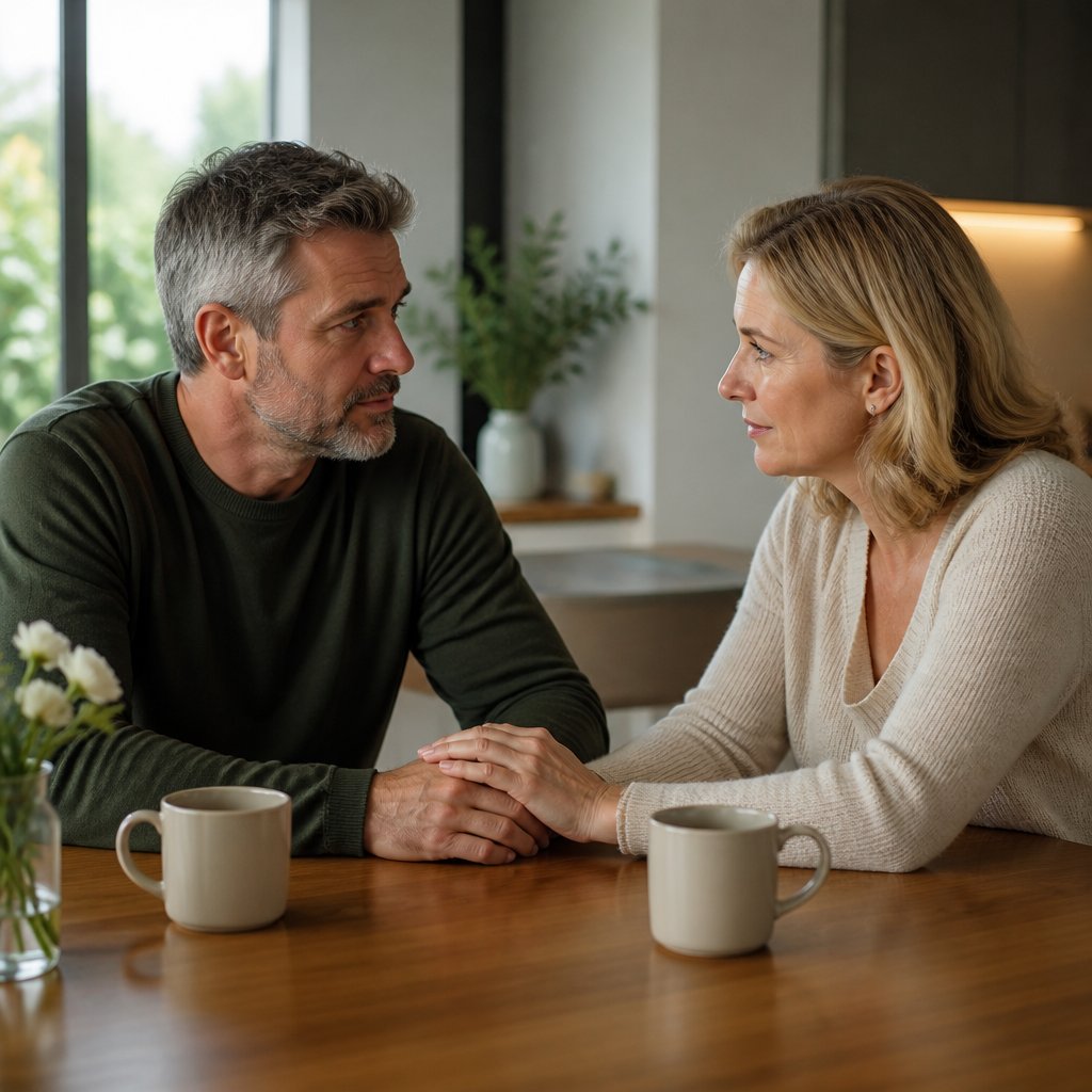 A married couple sits together at a table having a calm, thoughtful conversation.