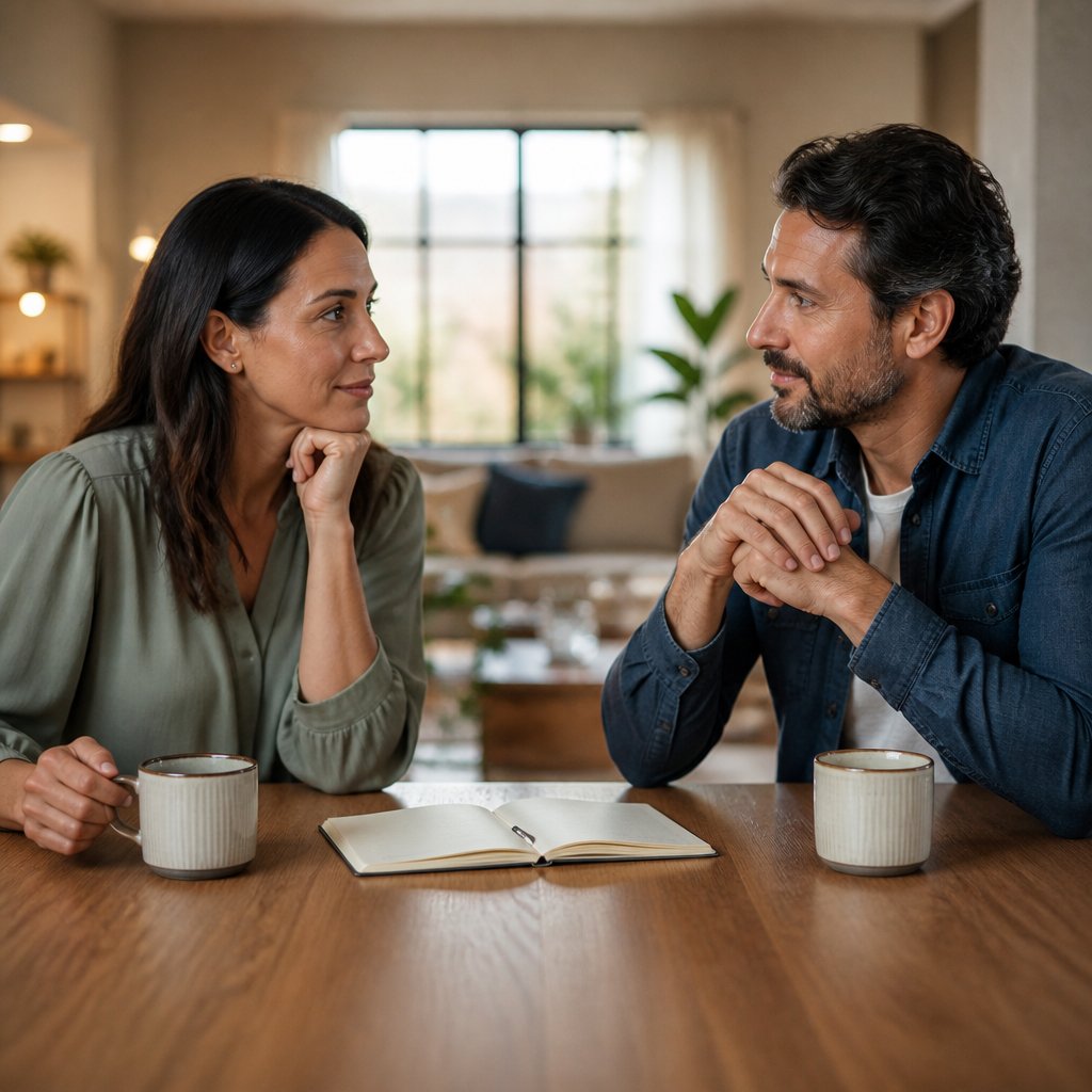 A married couple calmly discussing their relationship at a table in a bright home.