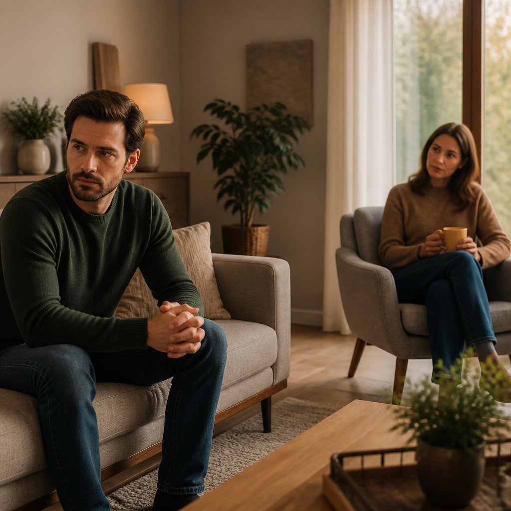 A married couple sits apart in a softly lit living room, appearing emotionally distant but thoughtful.