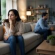 A concerned wife and a withdrawn husband sit apart in a softly lit living room.