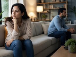 A concerned wife and a withdrawn husband sit apart in a softly lit living room.