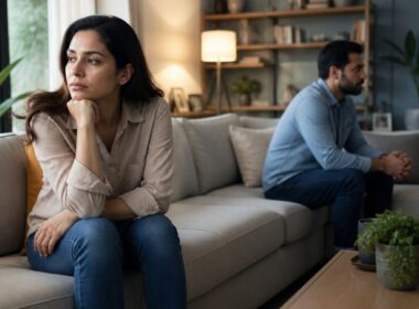 A concerned wife and a withdrawn husband sit apart in a softly lit living room.