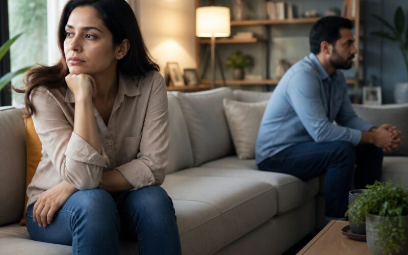 A concerned wife and a withdrawn husband sit apart in a softly lit living room.