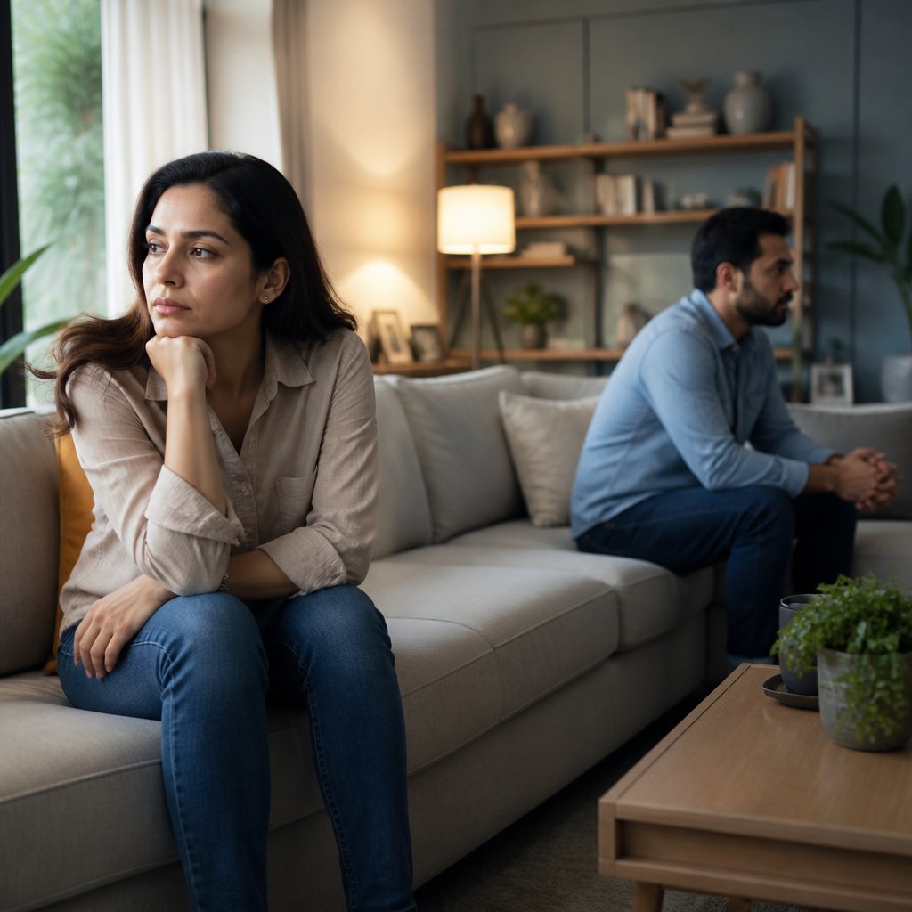 A concerned wife and a withdrawn husband sit apart in a softly lit living room.