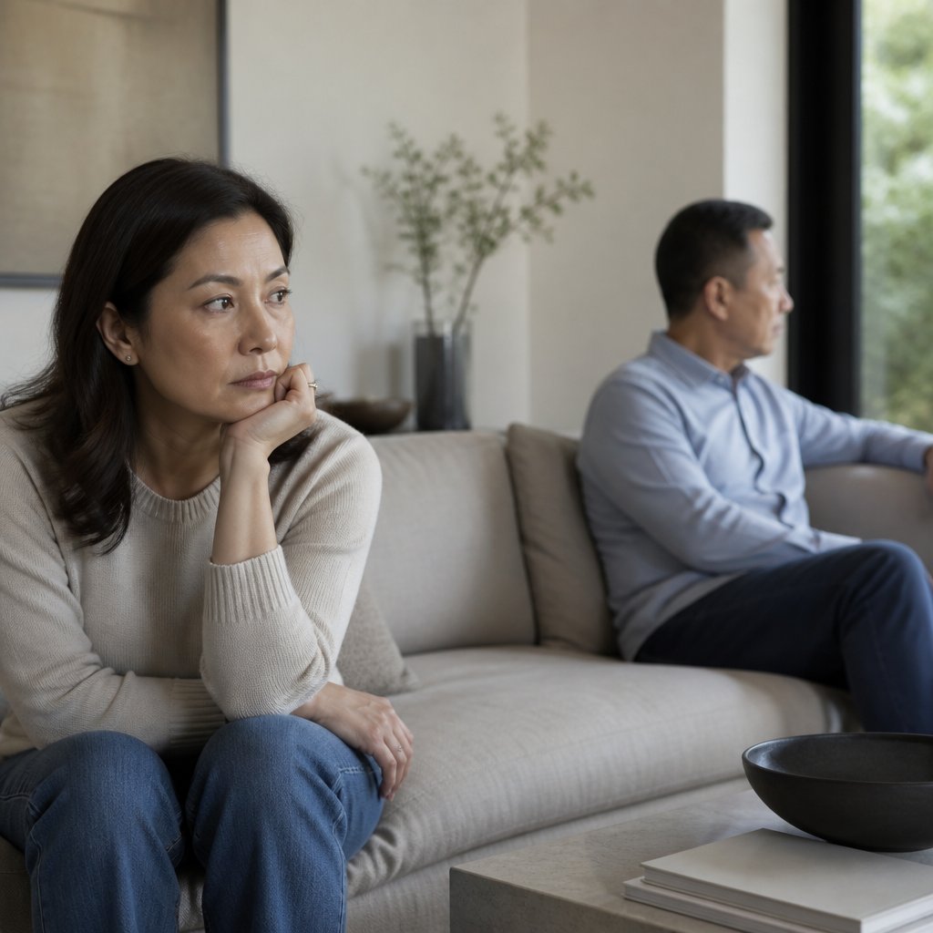 A married couple sits apart in a living room, with the wife looking concerned and the husband turned away toward a window.