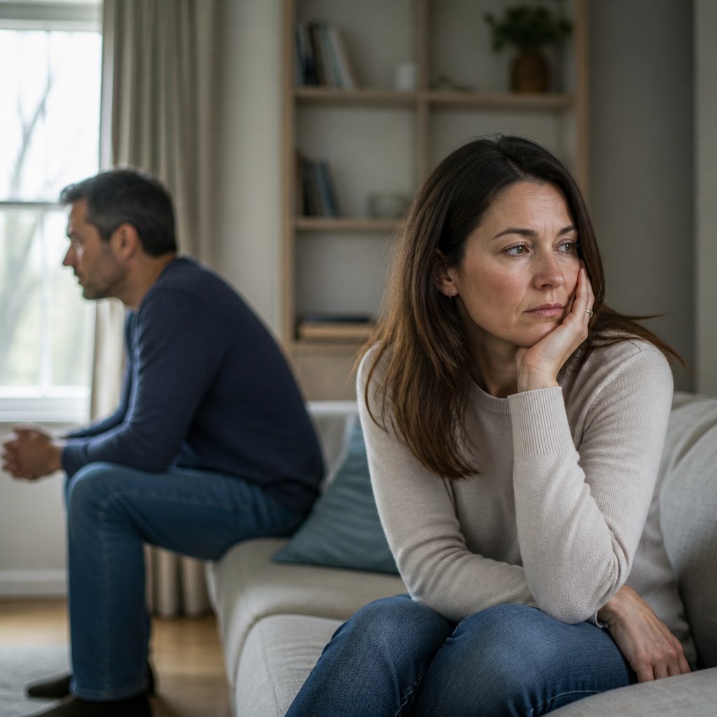 A concerned wife and emotionally distant husband sit apart in a quiet living room.