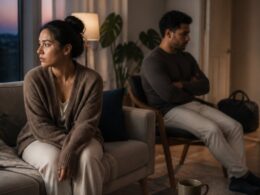 Two adults sit apart in a quiet living room after an emotional conversation, with one appearing withdrawn and the other reflective.