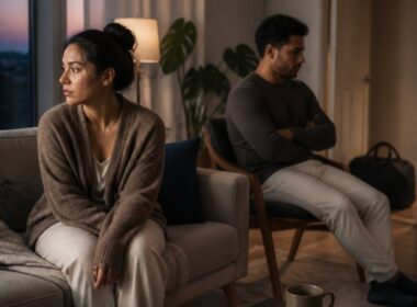 Two adults sit apart in a quiet living room after an emotional conversation, with one appearing withdrawn and the other reflective.