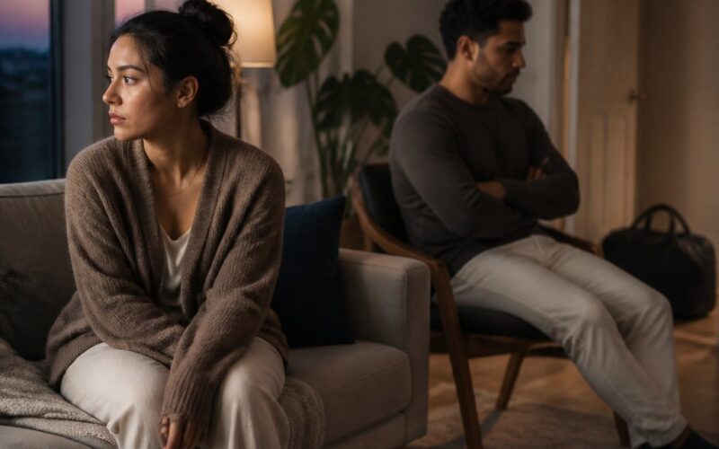 Two adults sit apart in a quiet living room after an emotional conversation, with one appearing withdrawn and the other reflective.
