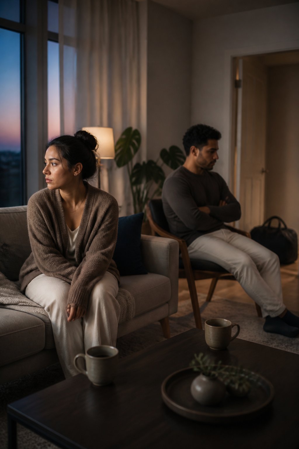 Two adults sit apart in a quiet living room after an emotional conversation, with one appearing withdrawn and the other reflective.