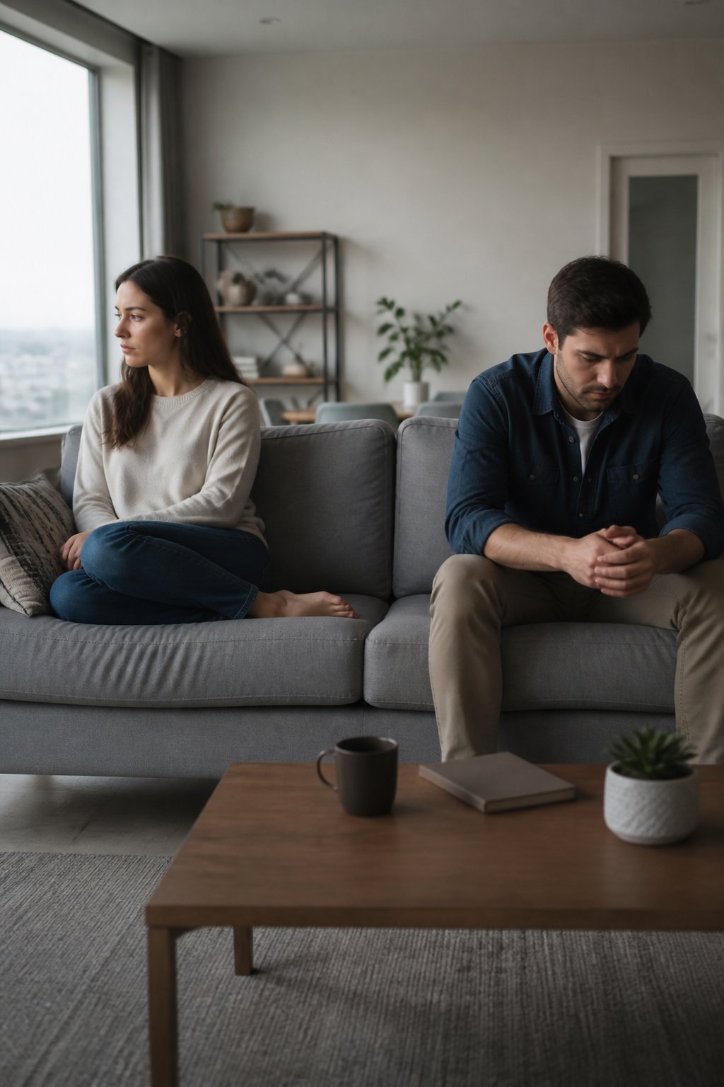 A couple sits apart on a sofa, appearing emotionally distant and thoughtful in a quiet living room.