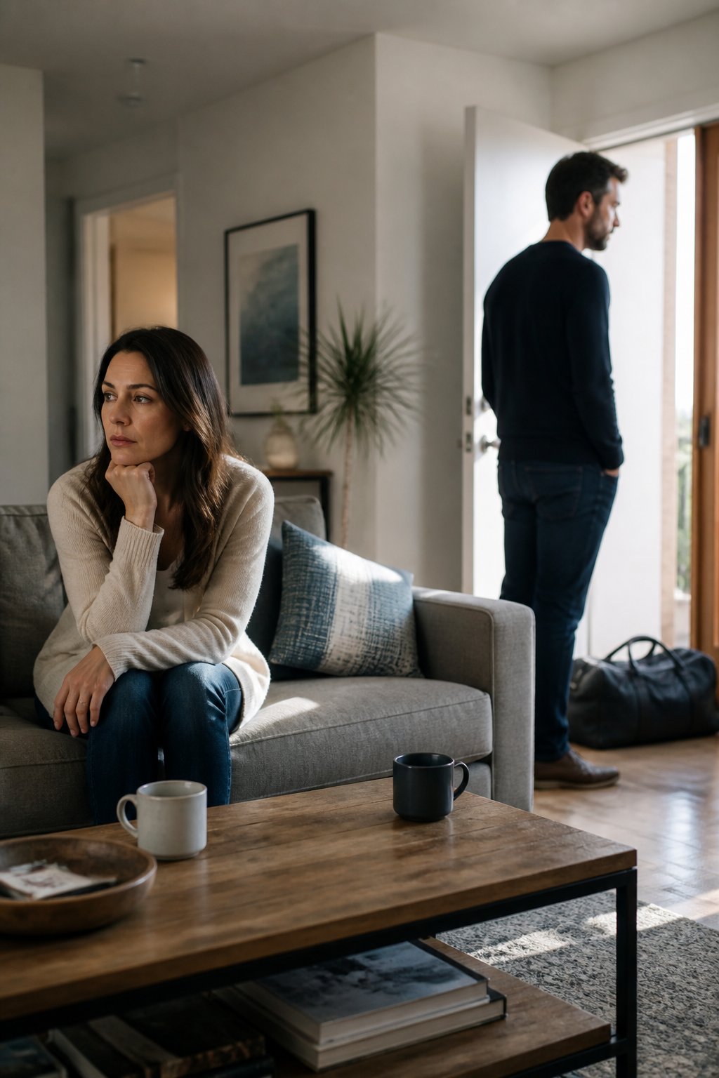 Two people in a living room sit and stand apart, conveying emotional distance at the possible end of a relationship.
