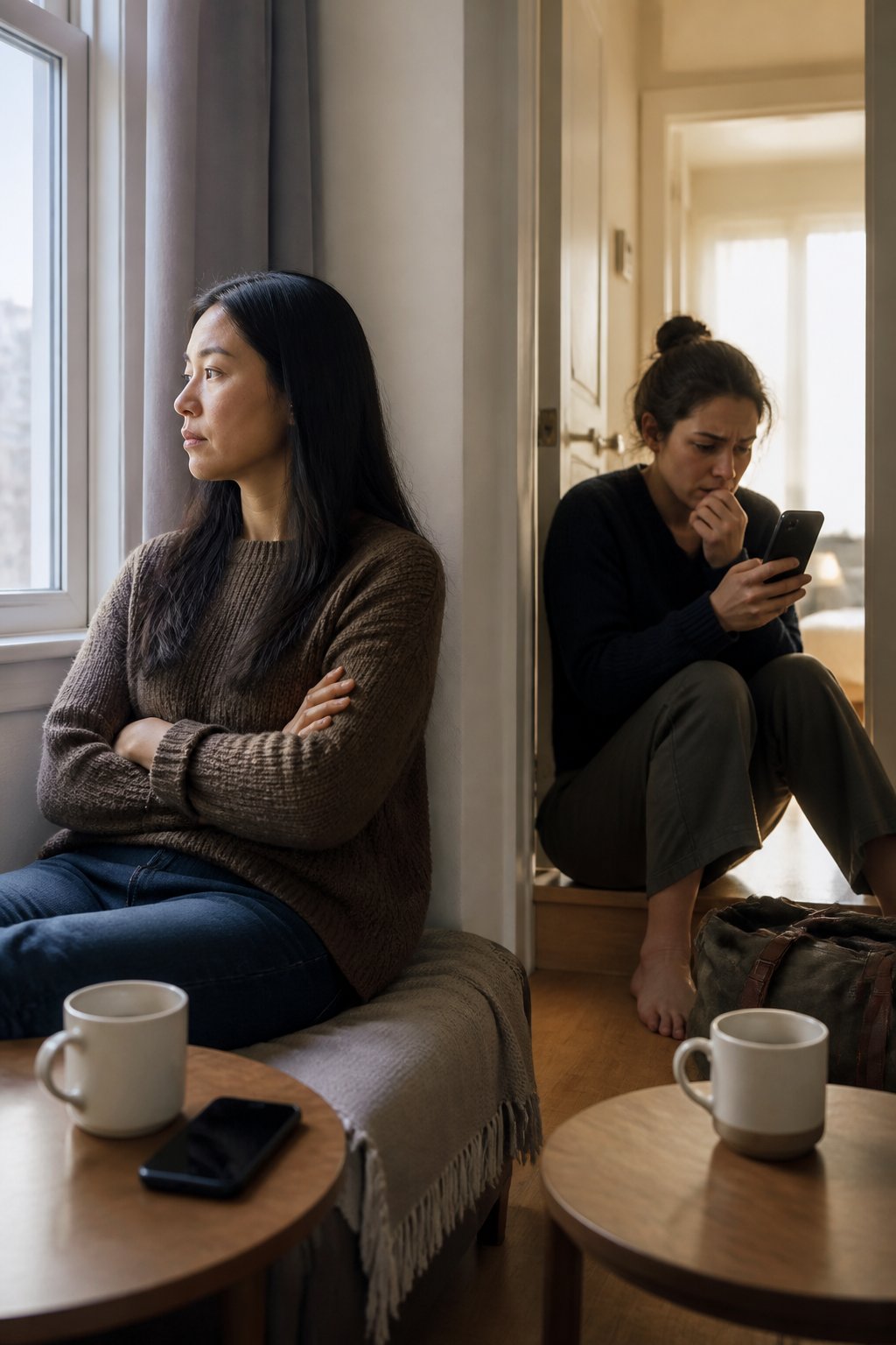 Two adults in separate areas of an apartment show contrasting reactions after a relationship ends: one withdrawn and composed, the other anxious and conflicted.
