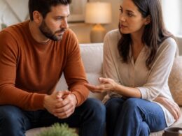 A couple sits together in a living room, sharing a calm and supportive conversation.