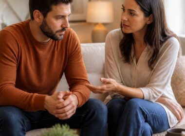A couple sits together in a living room, sharing a calm and supportive conversation.