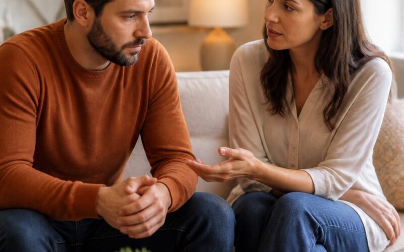 A couple sits together in a living room, sharing a calm and supportive conversation.