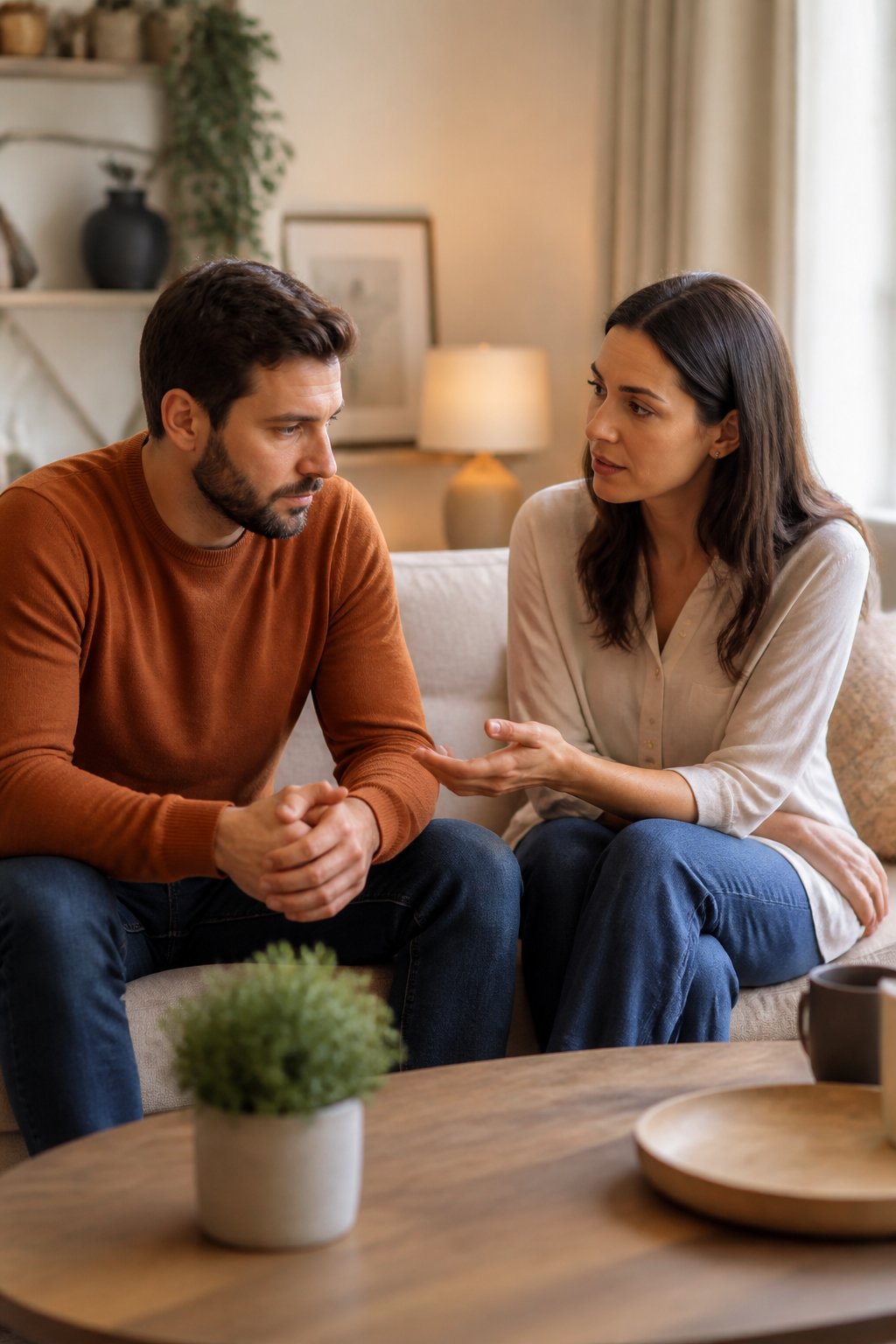 A couple sits together in a living room, sharing a calm and supportive conversation.