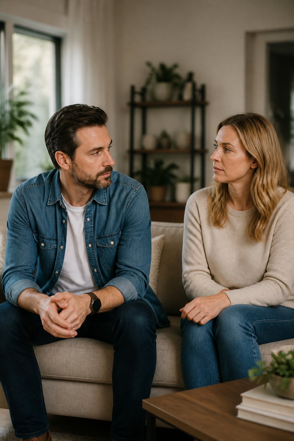 A married couple sits together in a living room, showing emotional distance while beginning a calm and compassionate conversation.