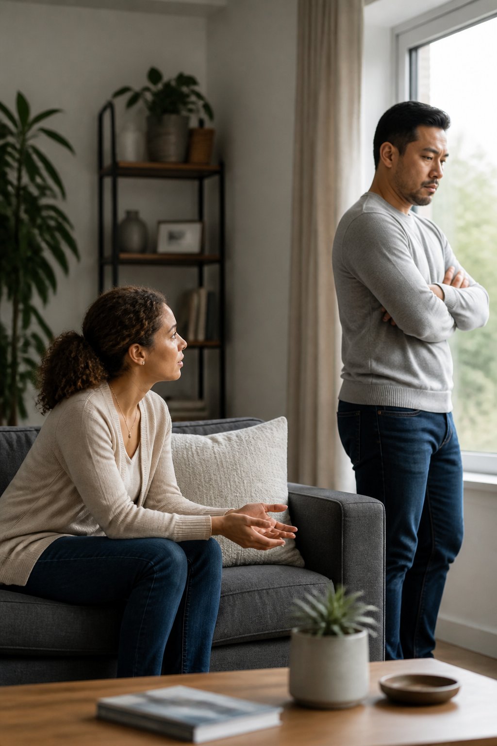 A married couple sits apart in a living room, with one partner reaching for connection while the other appears emotionally withdrawn.