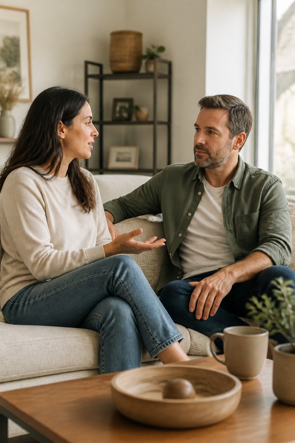 A married couple has a calm, attentive conversation together in their living room.