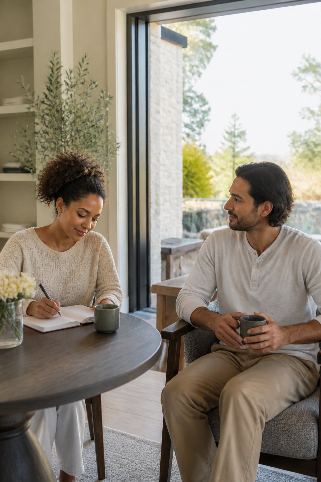 A married couple shares a calm moment at home while maintaining comfortable personal space.