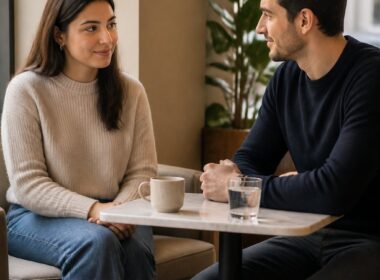 A reserved woman meets a supportive man in a quiet café, sitting with respectful distance and calm body language.