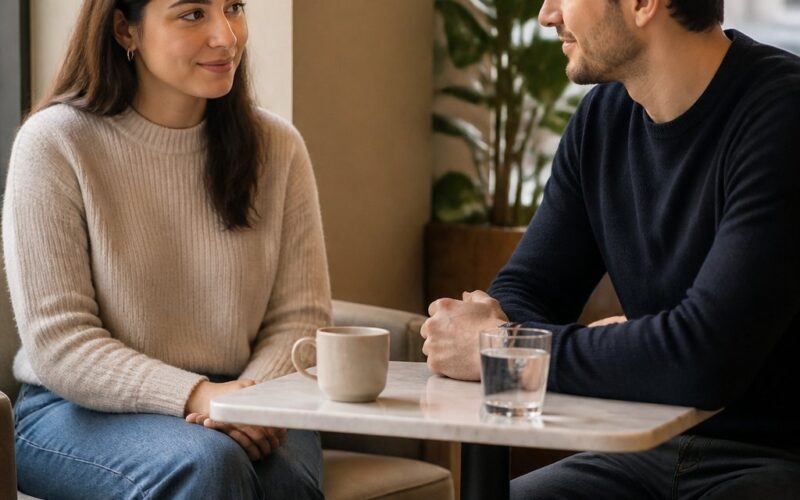 A reserved woman meets a supportive man in a quiet café, sitting with respectful distance and calm body language.